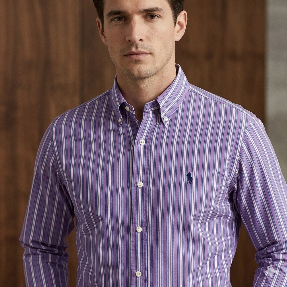 Polo Ralph Lauren Button Down Mens Large Purple Striped Blake Cotton Shirt
